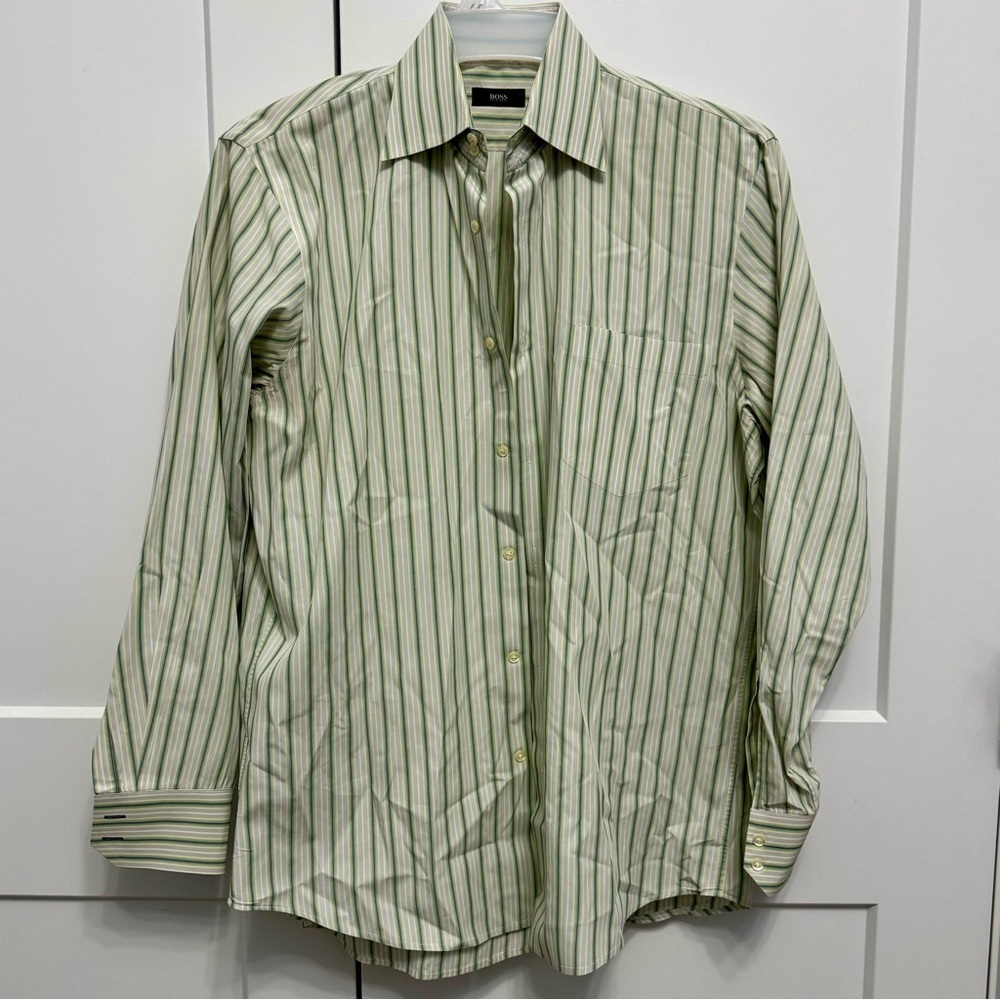 Boss Button Down Dress Shirt - Green Striped - Size Men's 16